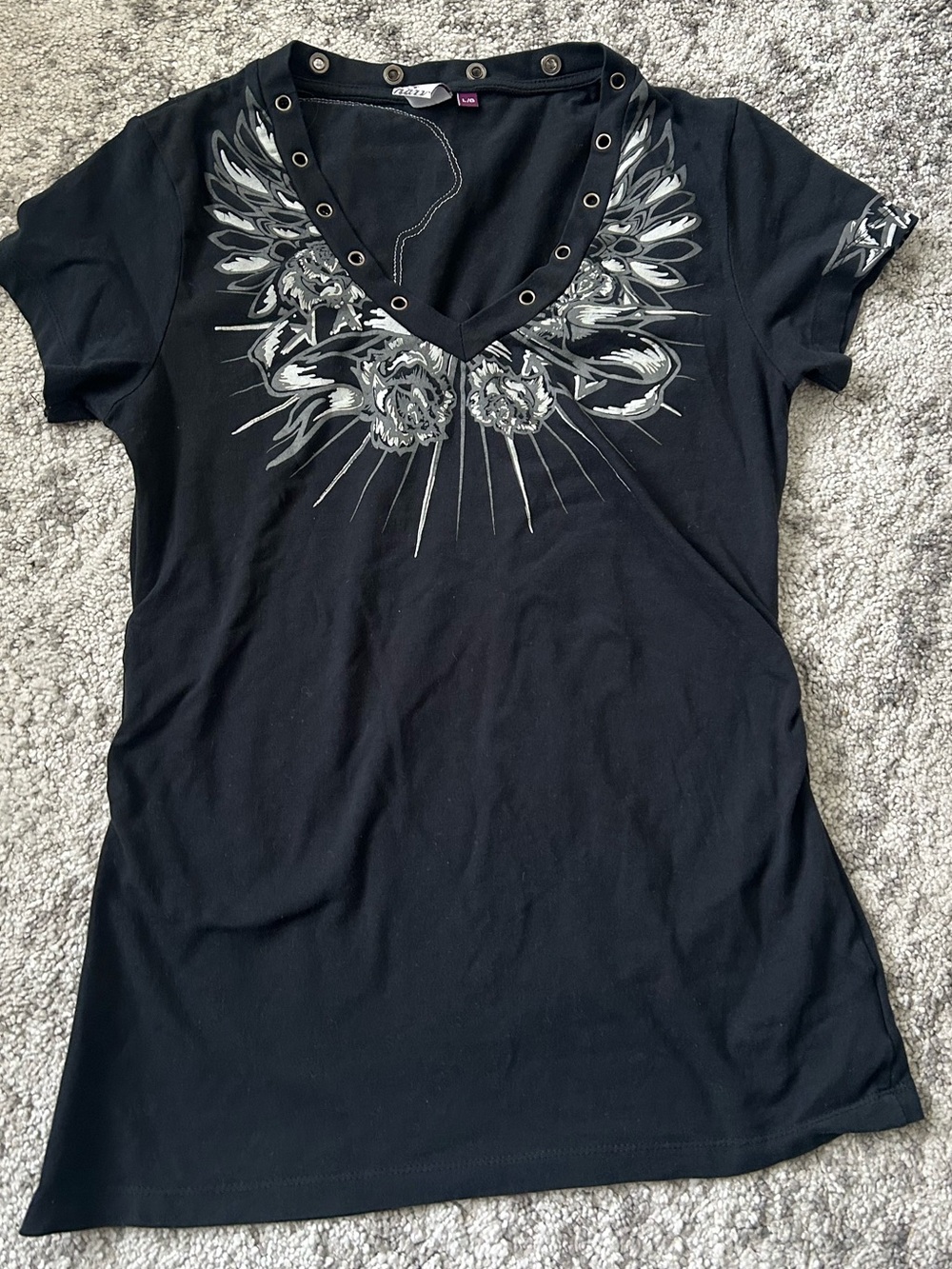 Black V-Neck Short Sleeve Top with Silver Graphic
